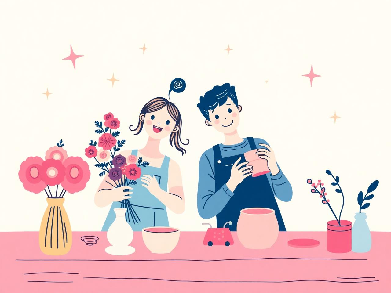 A couple making bouquets and pottery